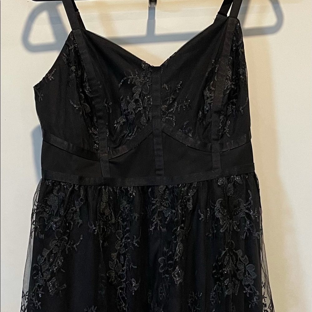 Embroidered black lace mesh Cami mid dress